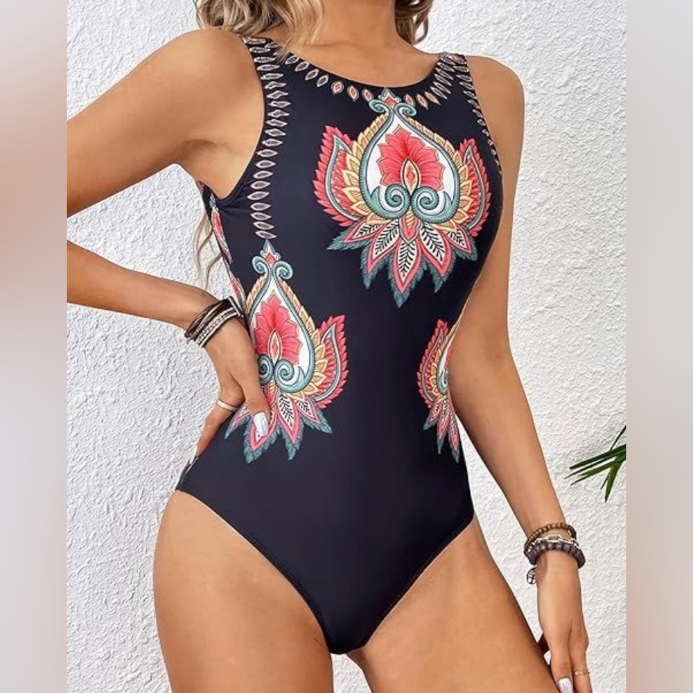NWOT - Elegant Black Floral One-Piece Swimsuit - Size Medium